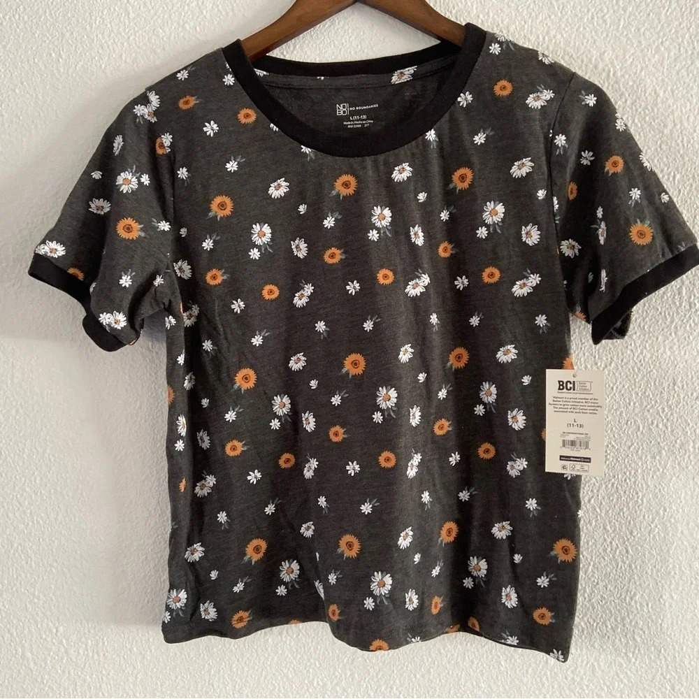 Floral Ringer Tee Charcoal Short Sleeve Girls Juniors Crop Large (11-13) NEW - Picture 8 of 16